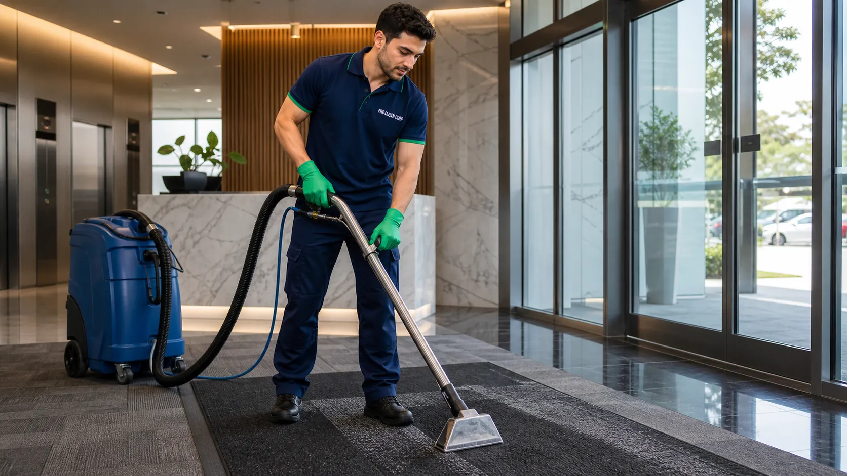 Commercial carpet being cleaned by hot water extraction